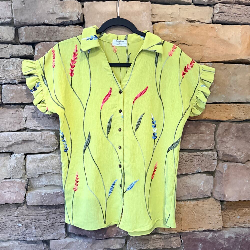 SAPPHIRE Oasis Green Floral Embroidery Button Up Ruffle Short Sleeve Blouse M